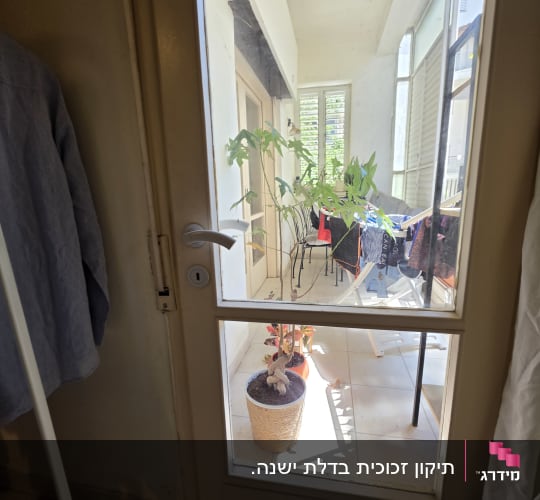 דלת זכוכית עם צמחים במרפסת מוארת